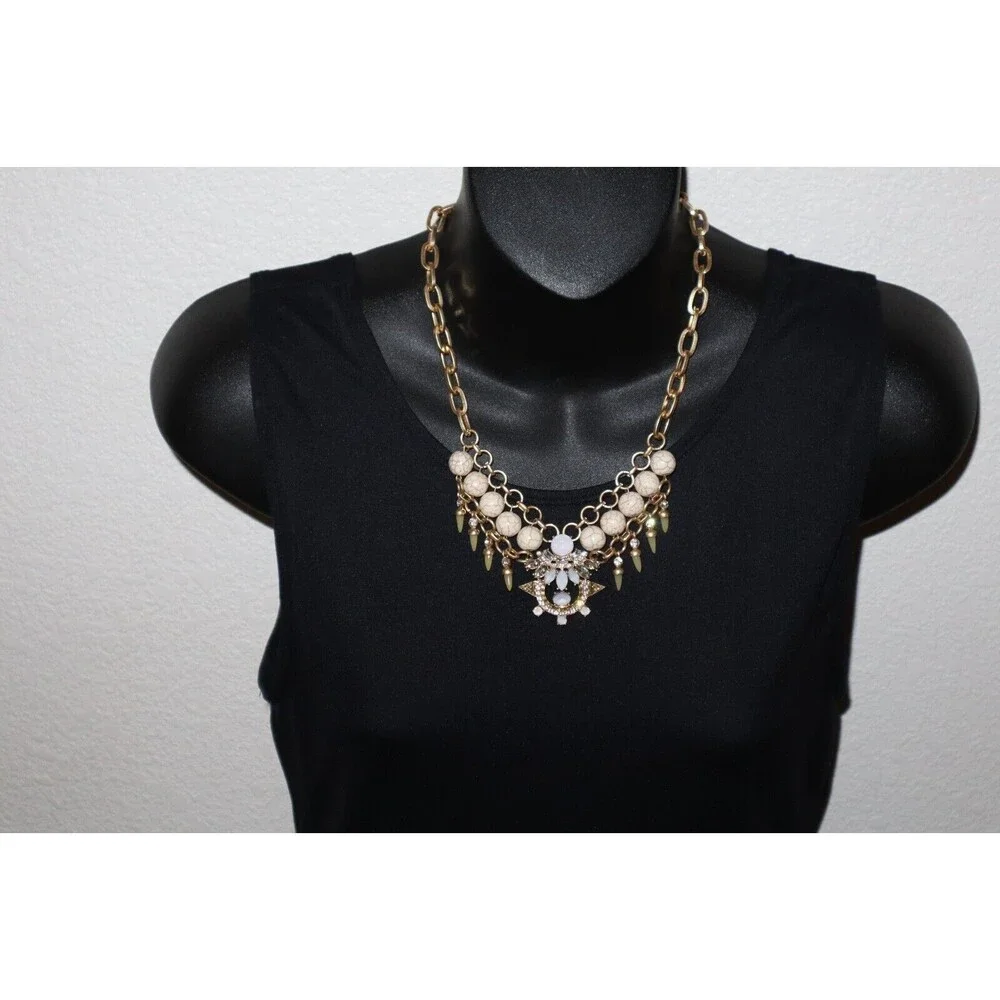 Gold Tone Chain Link Bead Necklace White Marbled Faux Howlite Rhinestone AB 17